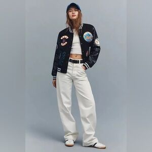 Anthropologie x The Wild Collective Black Varsity Jacket with Colorful Patches M